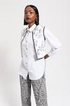 Buy_AMKA_Black Knitting Print Ditsy Bloom Collar Neck Nutmeg Overjacket And Pant Set _Online_at_Aza_Fashions