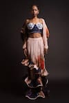 Buy_AMKA_Peach Natural Silk Print Galactic Palm Hand Pleated Jacket And Ruffled Skirt Set _at_Aza_Fashions