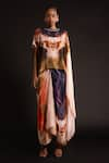 Buy_AMKA_Peach Natural Silk Round Teak Abstract Pattern Cape Top And Skirt Set _Online_at_Aza_Fashions