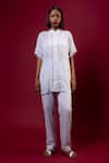 Buy_AMKA_Blue Organic Cotton Embroidered Thread Band Collar Teasel Lace Shirt And Pant Set _at_Aza_Fashions