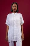 Buy_AMKA_Blue Organic Cotton Embroidered Thread Band Collar Teasel Lace Work Shirt _at_Aza_Fashions