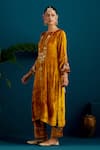 Shop_Anantaa by Roohi_Yellow Viscose Velvet Embroidered Sequins Notched Floral Resham Kurta With Pant _Online_at_Aza_Fashions