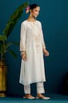 Anantaa by Roohi_Off White Silk Chanderi Embroidery Sequins Notched Floral Kurta With Pant _at_Aza_Fashions