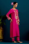 Anantaa by Roohi_Pink Silk Chanderi Embroidery Sequins Notched Floral Resham Kurta With Pant _at_Aza_Fashions