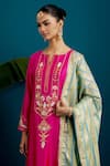 Shop_Anantaa by Roohi_Pink Silk Chanderi Embroidery Sequins Notched Floral Resham Kurta With Pant 