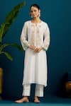 Shop_Anantaa by Roohi_Off White Silk Chanderi Embroidery Paisley Notched Resham Kurta With Pant _Online_at_Aza_Fashions