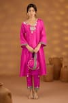 Shop_Isha Gupta Tayal_Pink Kurta And Pant Silk Embroidery Patchwork V Neck Nandi Set _Online_at_Aza_Fashions