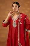 Isha Gupta Tayal_Red Kurta And Pant Silk Embroidery Patchwork V Neck Lord Srinathji Set _Online_at_Aza_Fashions