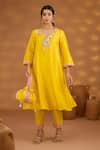 Shop_Isha Gupta Tayal_Yellow Kurta And Pant Silk Embroidery Patchwork V Neck Nandi & Bagh Set _Online_at_Aza_Fashions