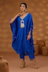 Buy_Isha Gupta Tayal_Blue Silk Embroidery Patchwork V Neck Architectural Kaftan Kurta And Pant Set _at_Aza_Fashions