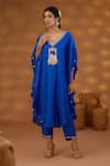 Shop_Isha Gupta Tayal_Blue Silk Embroidery Patchwork V Neck Architectural Kaftan Kurta And Pant Set _at_Aza_Fashions