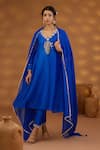 Buy_Isha Gupta Tayal_Blue Kurta And Pant Silk Embroidery Zardozi V Neck Peacock Set _at_Aza_Fashions