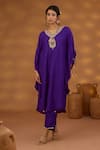 Isha Gupta Tayal_Purple Silk Embroidery Patchwork V Neck Kaftan Kurta And Pant Set _Online_at_Aza_Fashions