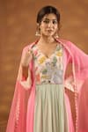 Buy_Isha Gupta Tayal_Pink Kurta And Pant Crepe Embroidery Patchwork V Neck Nandi Bagh Set _Online_at_Aza_Fashions