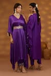 Buy_Isha Gupta Tayal_Purple Kurta Chiffon Satin Plain V Neck Draped Set With Embroidered Belt _Online_at_Aza_Fashions