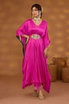 Buy_Isha Gupta Tayal_Pink Kurta Chiffon Satin Plain V Neck Draped Set With Embroidered Belt _at_Aza_Fashions