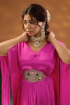 Buy_Isha Gupta Tayal_Pink Kurta Chiffon Satin Plain V Neck Draped Set With Embroidered Belt _Online_at_Aza_Fashions