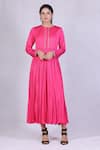 Buy_Monika Mathuria Datta_Pink Cotton Modal Embroidered Stitch Line Round Gathered Anarkali _at_Aza_Fashions