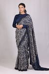 Buy_Monika Mathuria Datta_Blue Thin Chanderi Printed Discharge Round Zoya Saree With Blouse _at_Aza_Fashions