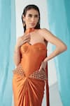 Shweta Aggarwal_Peach Dola Silk Embroidery Metallic Embellished Peplum Corset And Draped Skirt Set _Online_at_Aza_Fashions