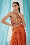 Shweta Aggarwal_Peach Weave Satin Metallic Floral Embellished Crop Top With Draped Skirt _Online_at_Aza_Fashions