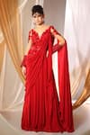 Buy_Shweta Aggarwal_Red Crepe Embroidery 3d Flowers V Neck Rafflesia Pre-draped Saree Gown _at_Aza_Fashions