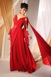 Shweta Aggarwal_Red Crepe Embroidery 3d Flowers V Neck Rafflesia Pre-draped Saree Gown _Online_at_Aza_Fashions