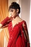 Shop_Shweta Aggarwal_Red Crepe Embroidery 3d Flowers V Neck Rafflesia Pre-draped Saree Gown _Online_at_Aza_Fashions