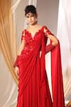 Shweta Aggarwal_Red Crepe Embroidery 3d Flowers V Neck Rafflesia Pre-draped Saree Gown _at_Aza_Fashions