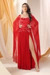 Buy_Shweta Aggarwal_Red Georgette Embroidery 3d Flowers Rafflesia Winged Sleeves Dress With Shorts _at_Aza_Fashions