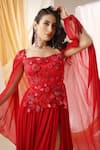 Buy_Shweta Aggarwal_Red Georgette Embroidery 3d Flowers Rafflesia Winged Sleeves Dress With Shorts _Online_at_Aza_Fashions