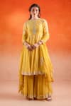 Buy_SSHILPA SAMRIYA_Yellow Malai Chanderi Embroidery Floral Closed Round Anarkali Palazzo Set _at_Aza_Fashions