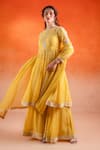 SSHILPA SAMRIYA_Yellow Malai Chanderi Embroidery Floral Closed Round Anarkali Palazzo Set _Online_at_Aza_Fashions