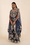 Buy_SSHILPA SAMRIYA_Blue Organza Print Floral Round Neck Embroidered Cape And Sharara Set _at_Aza_Fashions