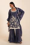 SSHILPA SAMRIYA_Blue Kurta And Sharara Malai Chanderi Embellished Floral Round Neck Aari Set _Online_at_Aza_Fashions