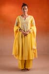 Buy_SSHILPA SAMRIYA_Yellow Malai Chanderi Embroidery Floral Notched Neck Kurta Pant Set _at_Aza_Fashions