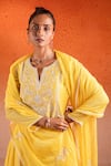 SSHILPA SAMRIYA_Yellow Malai Chanderi Embroidery Floral Notched Neck Kurta Pant Set _at_Aza_Fashions