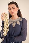 SSHILPA SAMRIYA_Blue Malai Chanderi Embellished Leaf Motif Closed Round Yoke Kurta Pant Set _Online_at_Aza_Fashions