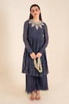 Buy_SSHILPA SAMRIYA_Blue Malai Chanderi Embellished Leaf Motif Closed Round Yoke Kurta Pant Set _Online_at_Aza_Fashions