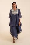 Buy_SSHILPA SAMRIYA_Blue Malai Chanderi Patch Work Floral Notched Neck Tunic With Palazzo _at_Aza_Fashions