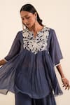 Shop_SSHILPA SAMRIYA_Blue Malai Chanderi Patch Work Floral Notched Neck Tunic With Palazzo _Online_at_Aza_Fashions