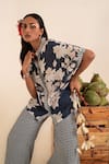 SSHILPA SAMRIYA_Blue Crepe Print Floral Collar High Low Shirt With Pant _at_Aza_Fashions