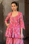 Shop_SSHILPA SAMRIYA_Pink Cotton Silk Hand Embroidered Botanical Sweetheart Print Tunic With Palazzo _Online_at_Aza_Fashions