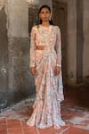 Buy_SSHILPA SAMRIYA_Ivory Georgette Hand Floral Print Pre-draped Ruffle Saree With Blouse _at_Aza_Fashions