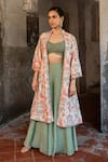 SSHILPA SAMRIYA_Ivory Bustier And Palazzo Malai Chanderi Hand Printed Jacket With Set_Online_at_Aza_Fashions