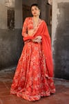 SSHILPA SAMRIYA_Red Blouse And Lehenga Crepe Hand Embroidered Floral Plunge V Neck Print Set_Online_at_Aza_Fashions