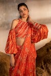 SSHILPA SAMRIYA_Red Chinnon Chiffon Hand Embroidered Floral Printed Pre-draped Saree With Blouse_at_Aza_Fashions