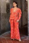 Shop_SSHILPA SAMRIYA_Red Crepe Hand Embroidered Floral Notched Lapel Print Blazer With Pant _at_Aza_Fashions