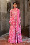 SSHILPA SAMRIYA_Pink Anarkali Cotton Silk Embroidered Thread Round Floral Print With Dupatta_Online_at_Aza_Fashions