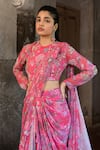 SSHILPA SAMRIYA_Pink Georgette Embroidered Floral Print Pre-draped Ruffle Saree With Blouse_Online_at_Aza_Fashions